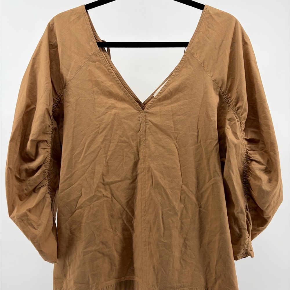 LOFT Women's‎ Tan Cinched Sleeve V-Neck Blouse Boho 3/4 Sleeveless Size Large